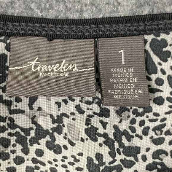 Chicos Travelers Tunic Top Women M Black With B&W Animal Print  Back 3/4 Sleeve - Picture 5 of 12